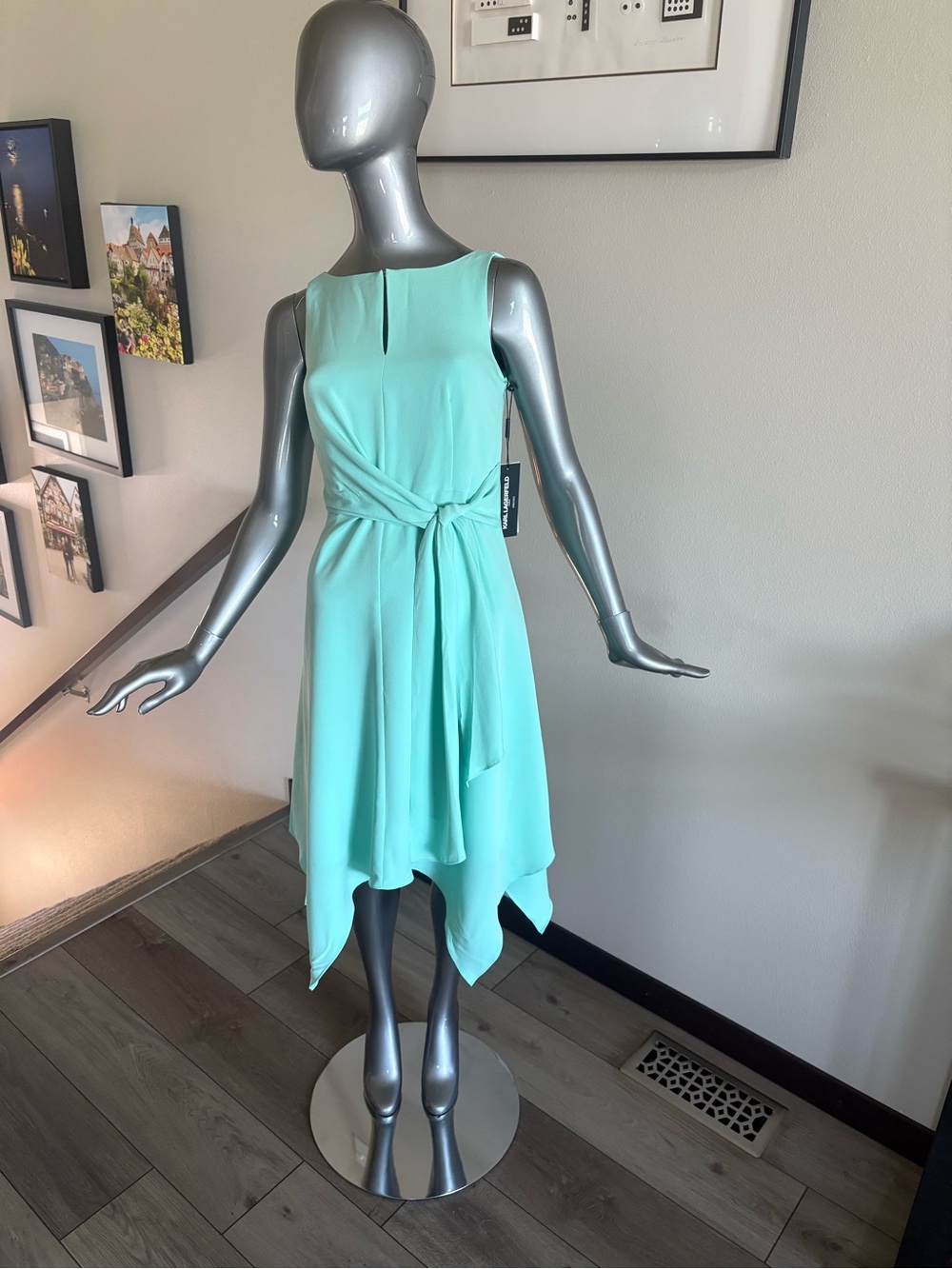 Karl Lagerfeld Mint Asymmetrical Handkerchief Hem Dress with Waist Tie
